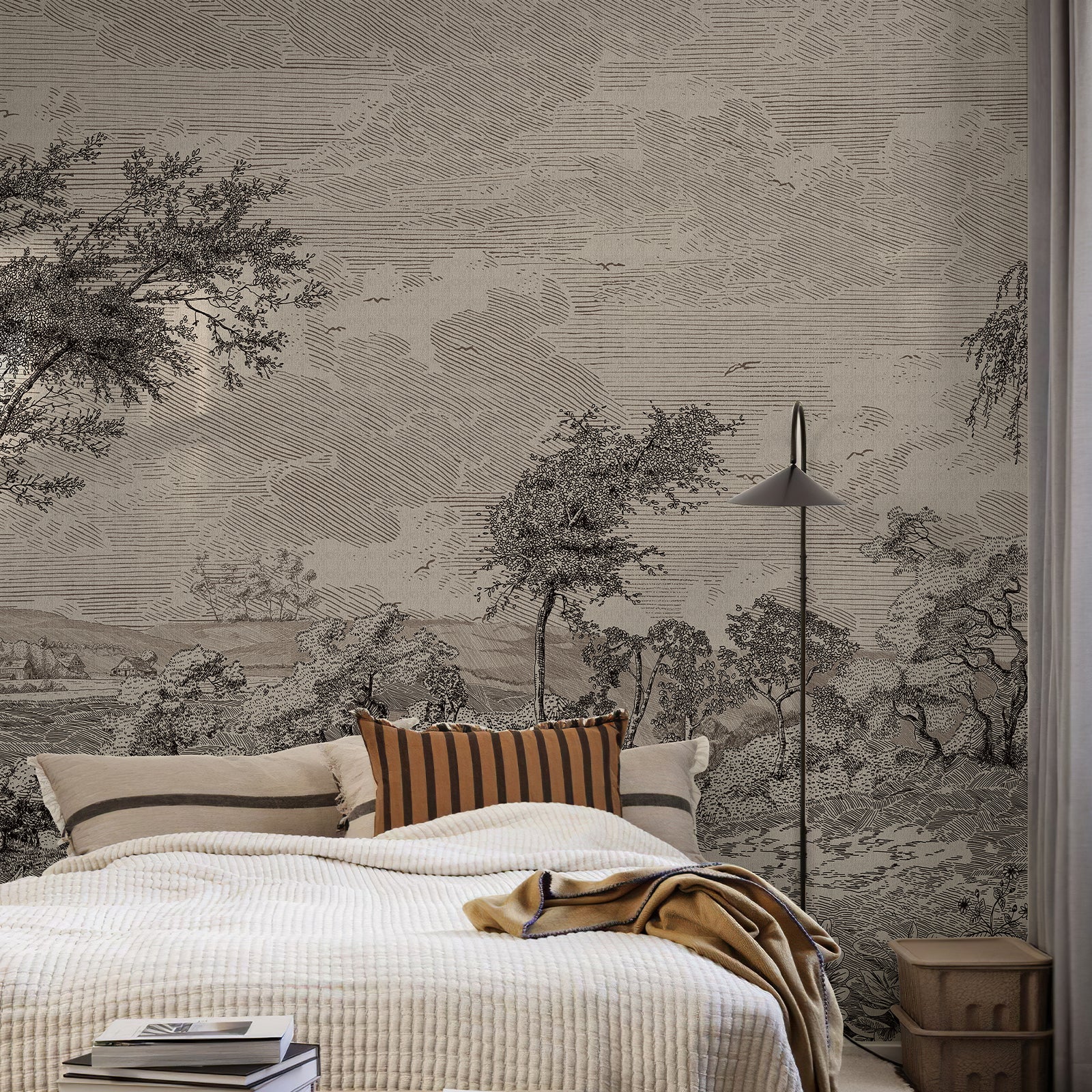 Vintage Susuno Jungle Gray Wallpaper Mural bedroom view, grey vintage pastoral landscape wall mural for accent wall
